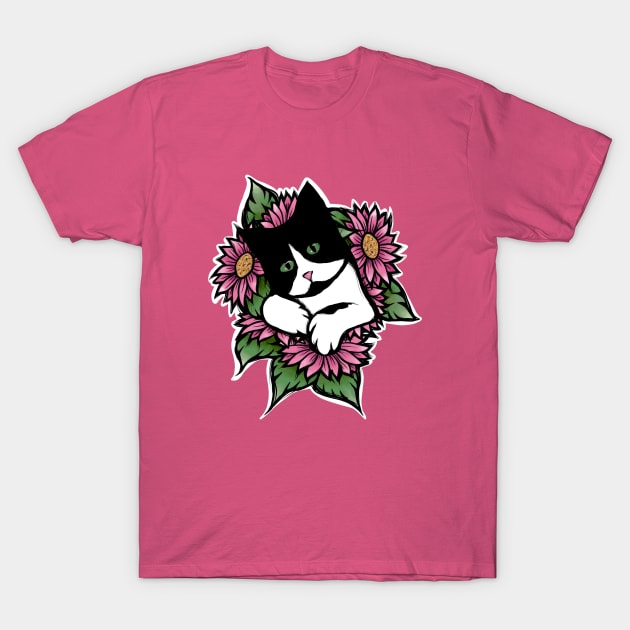 Tuxedo Cat Floral T-Shirt by bubbsnugg